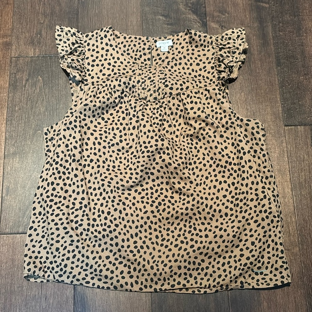 J. Crew Factory Tan Polka Dot Ruffle Sleeve Blouse